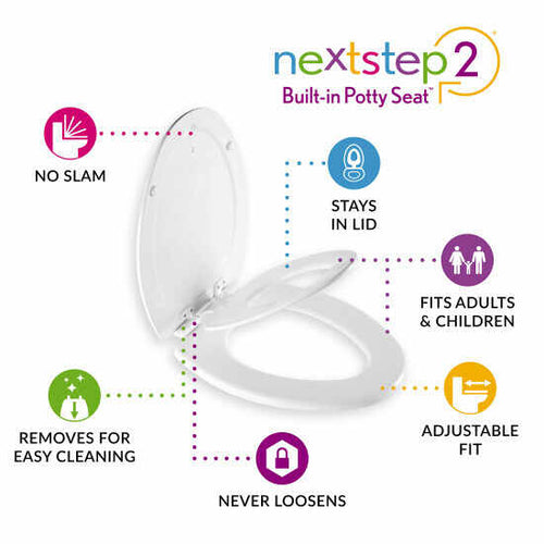 Mayfair by Bemis NextStep2® Round Enameled Wood Potty Training Toilet Seat Never Loosens Removes for Cleaning Slow-Close Adjustable (White)