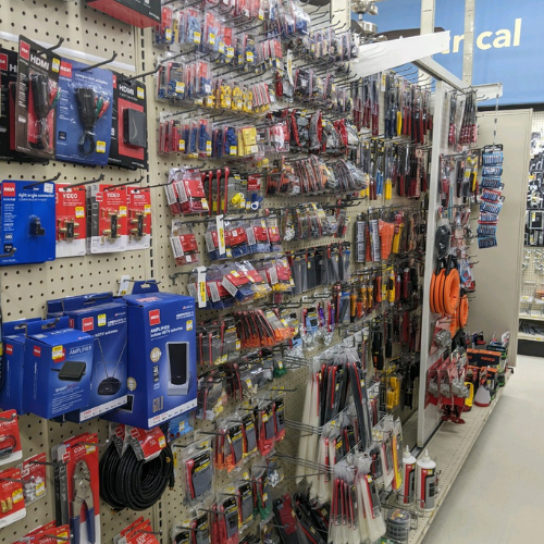 Electrical supplies on shelves inside of Dauby's True Value Hardware.
