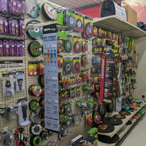 Tools and supplies on shelves inside of Dauby's True Value Hardware.