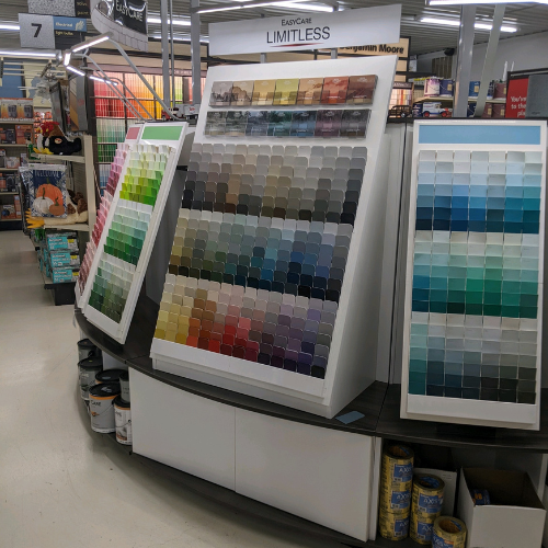 Paint swatches and supplies inside of Dauby's True Value Hardware.